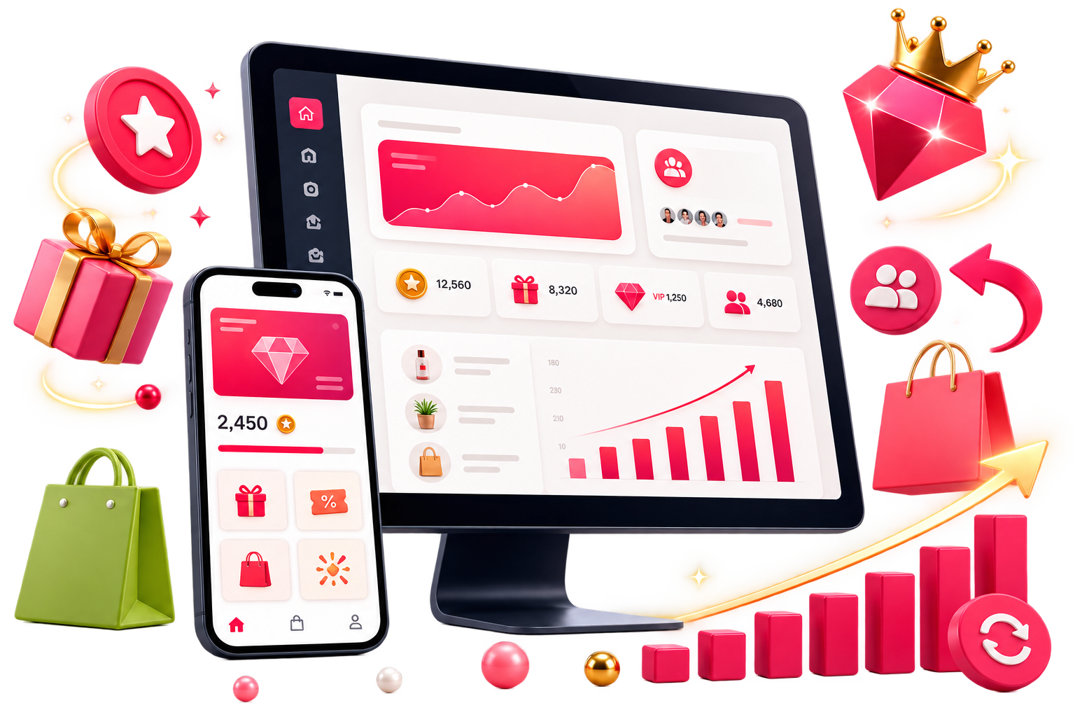 A connected loyalty dashboard with points, rewards, VIP status, referrals, and growth insights