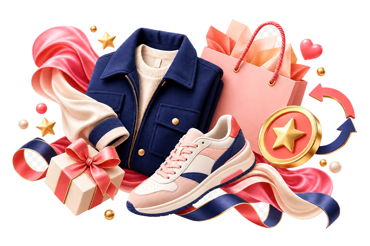Fashion products connected by loyalty rewards and repeat-purchase symbols