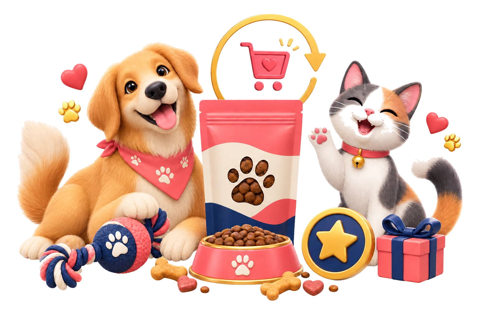 Dog and cat with pet supplies and loyalty reward symbols